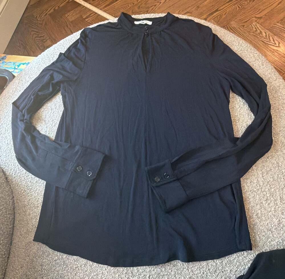 Max Mara Navy Long Sleeve Button-Up Keyhole Tunic Top stretchy silky feel XL